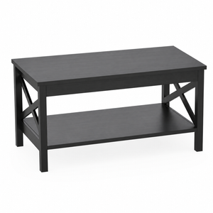 Roomo Black Coffee Table with Storage Shelf, 90x55cm Modern Rectangular Centre Table for Living Room