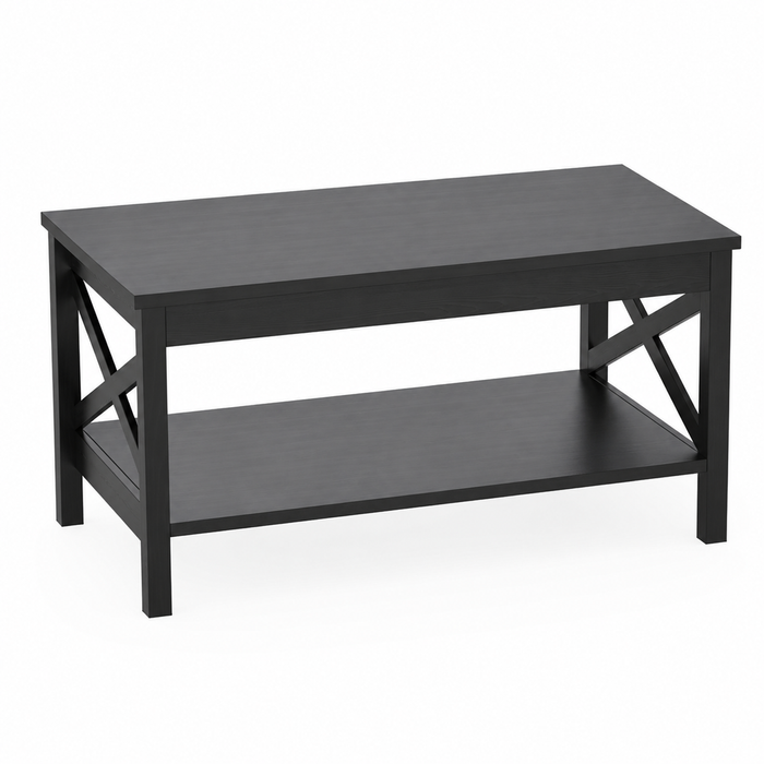 Roomo Black Coffee Table with Storage Shelf, 90x55cm Modern Rectangular Centre Table for Living Room