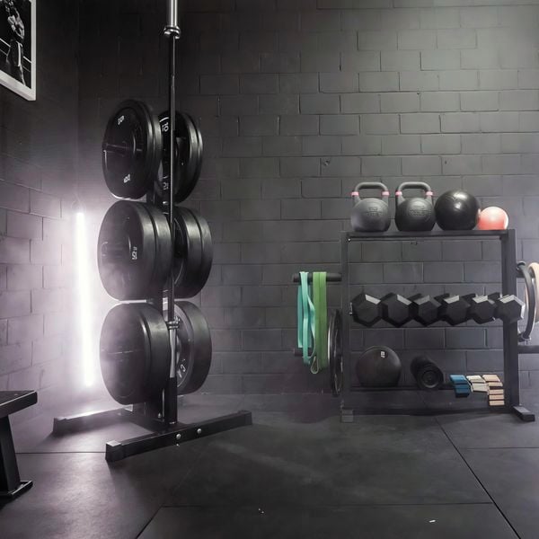 Gym storage set up with gym equipment.