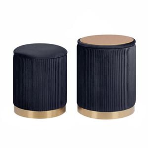 La Bella Black 2 Set Side Table Storage Ottoman - Velvet Stool MIRA