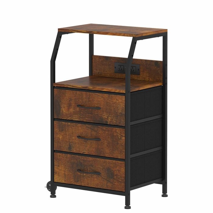 Ufurniture Nightstand 3 Fabric Drawers Bedside Table with Charging Station for Bedroom Living Room  Brown