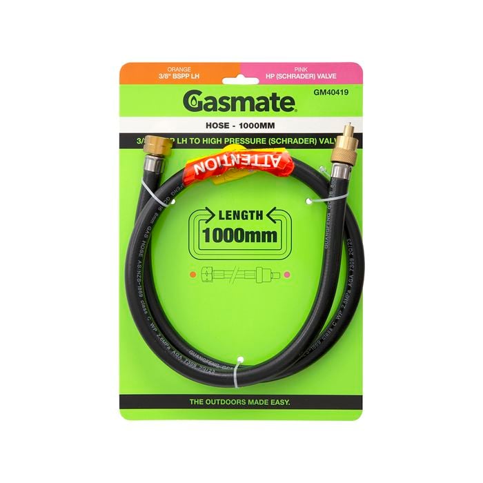 Gasmate Hose - 1000mm - 3/8" BSPP LH to High Pressure (Schrader) Valve