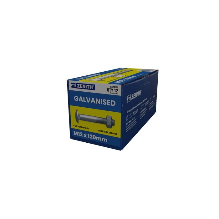 ZENITH M12 x 120mm Hot Dip Galvanised Cup Head Bolts And Nuts - 12 Pack