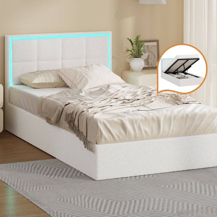Oikiture Bed Frame Beds Base Gas Lift LED Single