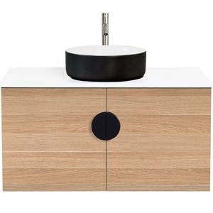 CIBO 900mm Oak Mornington Wall Hung Vanity with Black / White Basin and Black Handle