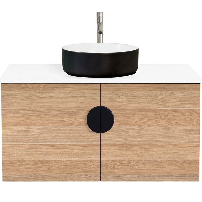 CIBO 900mm Oak Mornington Wall Hung Vanity with Black / White Basin and Black Handle