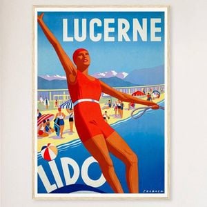 Galrie Lucerne Lido Switzerland Vintage Travel Poster Stunning Wall Art for Home, Office, Wood Frame, A2 42 x 60cm (16 x 24inch)