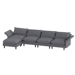 Advwin 300cm 4 Seater Sofa with Ottoman Corduroy Sectional Couch with Adjustable Backrest & Armrest Grey