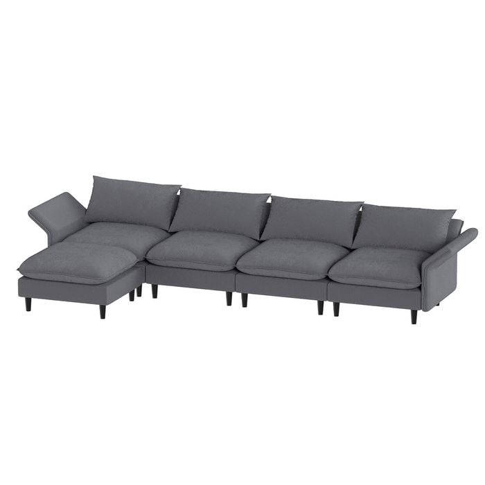 Advwin 300cm 4 Seater Sofa with Ottoman Corduroy Sectional Couch with Adjustable Backrest & Armrest Grey