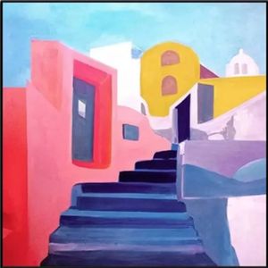 Santorini Rise - Geometric Architecture Framed Wall Art Painting (100x100cm)