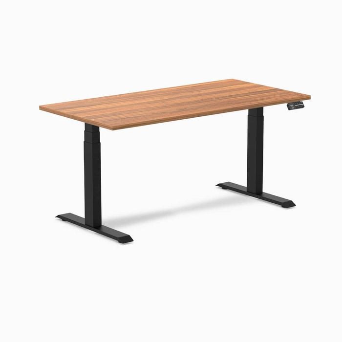 Desky Dual Sit To Stand Prime Oak Melamine Desk 150x75cm Matte Black Height Adjustable Legs