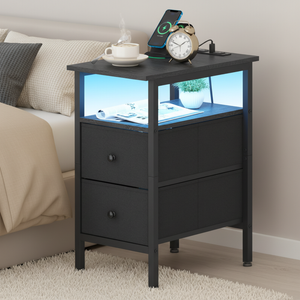 Ufurniture Side Table w/ Charging Station Narrow LED Bedside End Table w/ Storage Drawer & Shelf Black
