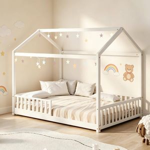 Oikiture Kids House Wooden Bed Frame Double White