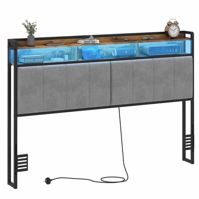 Ufurniture Headboard Upholstered Double Size with 2-Tier Storage Outlets, USB Ports and LED Light Adjustable Height