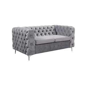2 Seater Sofa Classic Button Tufted Lounge in Grey Velvet Fabric with Metal Legs