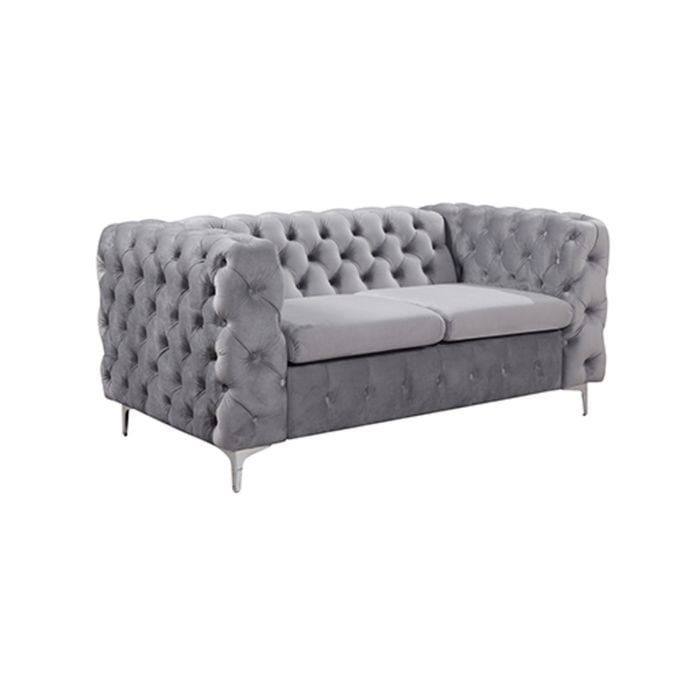 2 Seater Sofa Classic Button Tufted Lounge in Grey Velvet Fabric with Metal Legs