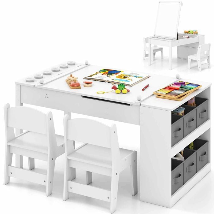 Costway 2in1 Kid Activity Table Child Drawing Desk Art Table Set W/spacious Tabletop&storage Bins, White