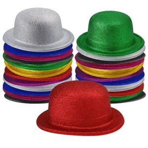 24x GLITTER BOWLER HAT Fancy Party Plastic Costume Cap Fun Dress Up Sparkle BULK Assorted Colours