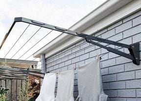 Clothesline with clothes hanging.