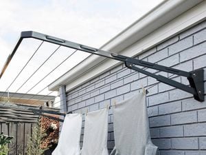 Clothesline with clothes hanging.
