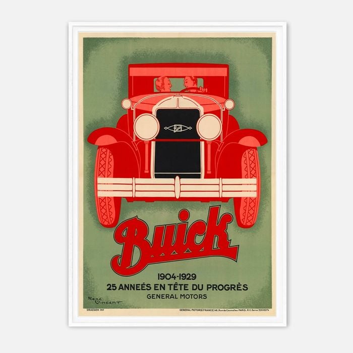 Galrie René Vincent 1929 Buick Vintage Poster - Classic Automotive Advertising Art Print, White Frame, 70 x 100cm (28 x 40inch)