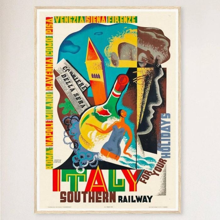 Galrie Holiday Southern Railway Vintage Italy Travel Poster for Home Decor, Wood Frame, 50 x 70cm (20 x 28inch)