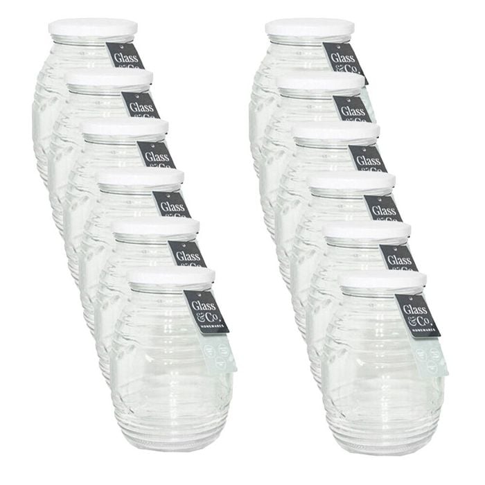 12PK Glass & Co Cleo Ribbed Large Round Screw Lid Jar 750ml Clear Assorted