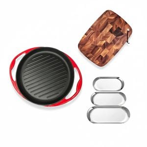 SOGA Kitchenware Bundle – Acacia Cutting Board, Cast Iron Skillet & Silver Nordic Plate Set
