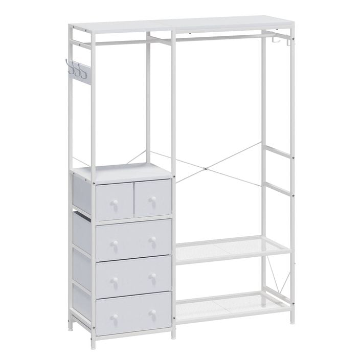 Ufurniture Clothes Rack With 5 Drawers And 2 Adjustable Mesh Shelves, Portable Garment Rack Reversible Wardrobe White