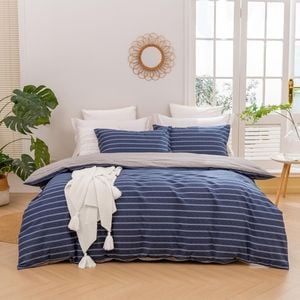 Dreamaker Amalfi Stripe 100% Cotton Reversible Quilt Cover Set Blue King Bed