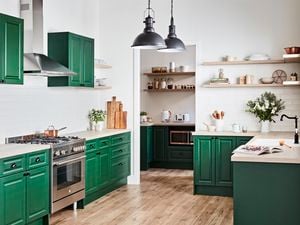 Green kitchen with industrial style fittings