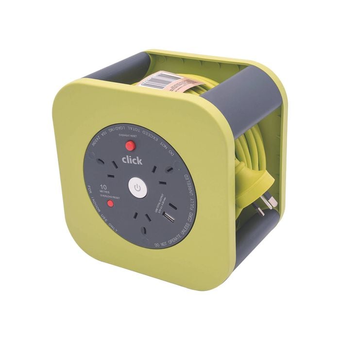 Click 10m 3 Outlet Square Cable Reel with USB Charger - Green
