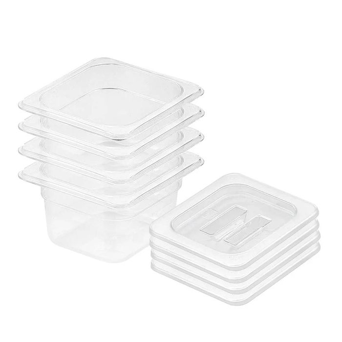SOGA 1/6 GN Polycarbonate Food Pan 100mm Clear 4 Pack with Lids