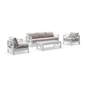 Kansas 3+1+1 Seater Outdoor Aluminium Lounge Set With Coffee Table In Sunbrella & Maxim Heather Beige Cushions
