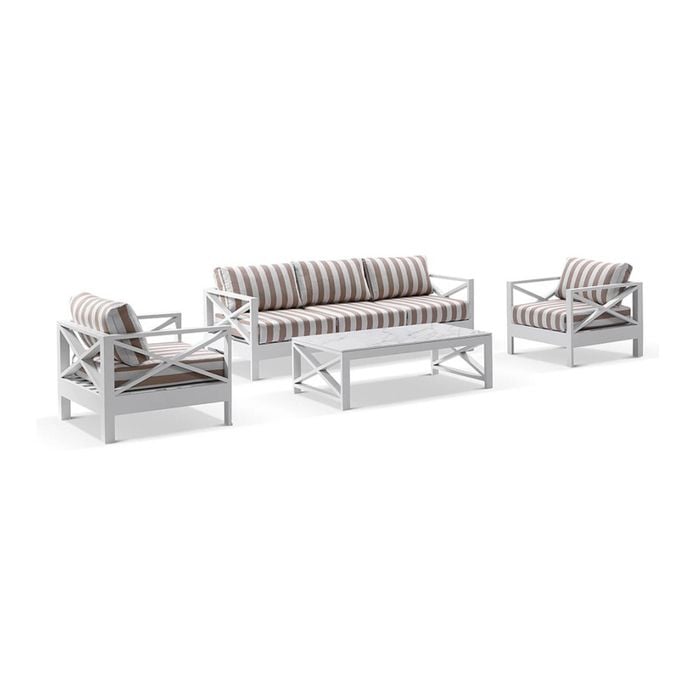Kansas 3+1+1 Seater Outdoor Aluminium Lounge Set With Coffee Table In Sunbrella & Maxim Heather Beige Cushions