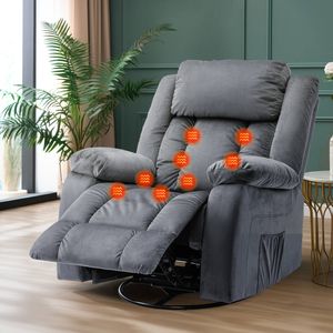 Ufurniture Massage Recliner Chair 140°Tilt 8 Point Heated Vibration Grey Recliner Chair for Adults 270° Rotate Circular Base