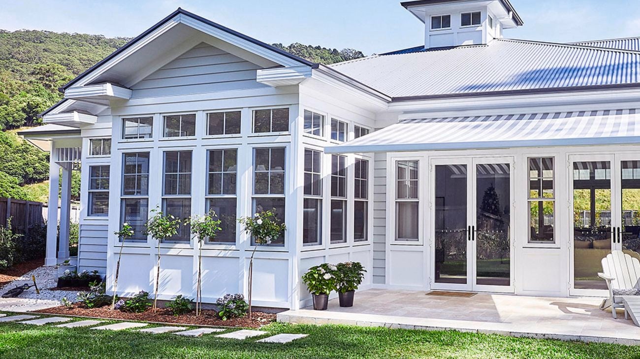 A Hamptons style house with white weatherboards