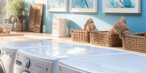 Styled laundry with washing machines and blue walls.