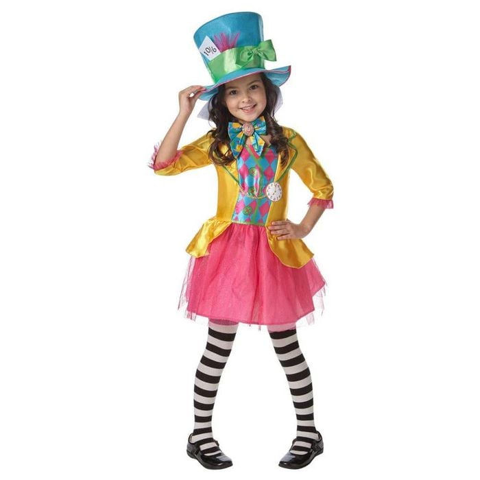 Mad Hatter Deluxe Halloween Costume Child Alice in Wonderland Dress with Hat and Bow, 3-5-YRS