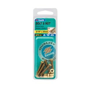 Zenith 3/16" x 25mm Solid Brass Round Head Bolt And Nut - 6 Pack