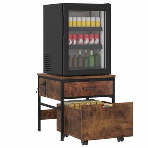 Ufurniture Mini Fridge Table with Storage Cabinet, Charging Station & Wheels, Refrigerator Stand with Drawer, Rustic Brown