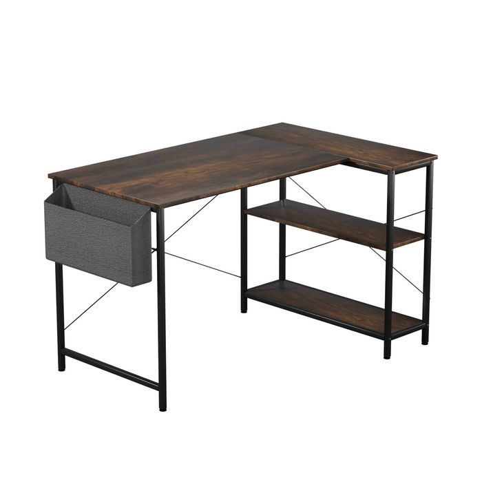 Levede L Shaped Desk with Storage Shelves Compact Gaming Office Brown Desk