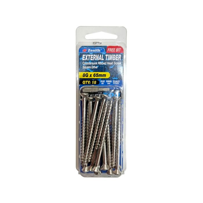 Zenith 8G x 65mm Stainless Steel 304 Square Drive External Timber Screw - 18 Pack