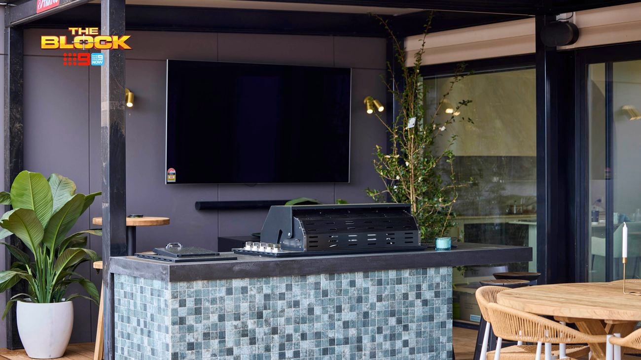 Outdoor area with a TV, barbecue and plants in it.