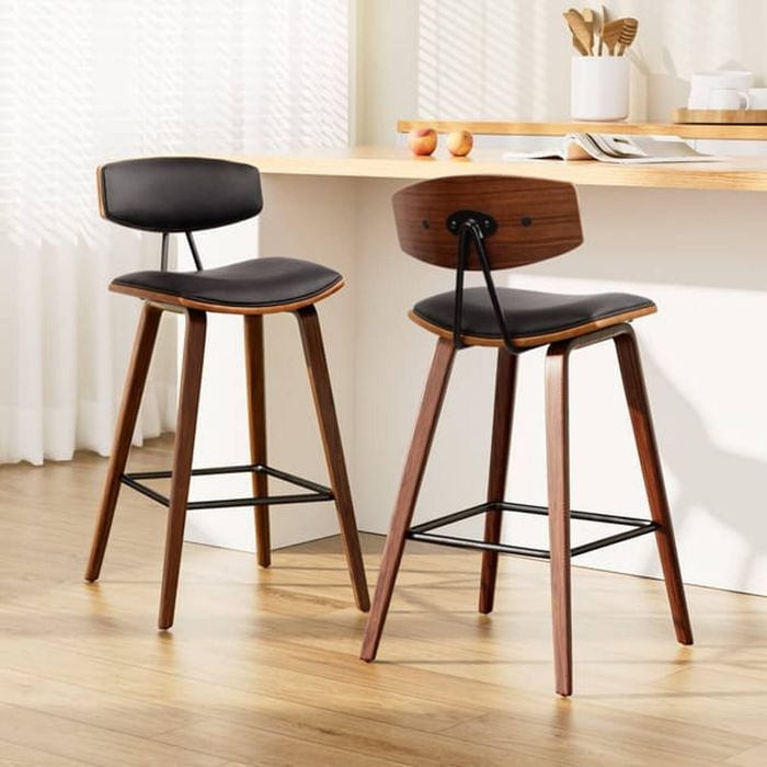 Homfurn 2x Bar Stools – Leather Padded With Backrest, Walnut Wood Frame, Pu Leather Seat, For Home Bar Cafe, Black & Walnut