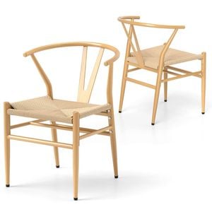 Costway 2pcs Y-shaped Dining Chairs  Weave Armchairs W/metal Frame Natural