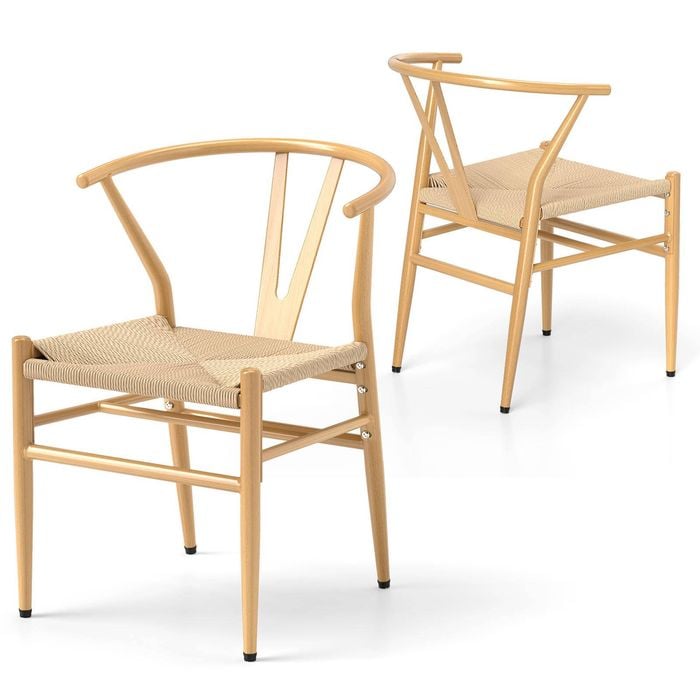 Costway 2pcs Y-shaped Dining Chairs  Weave Armchairs W/metal Frame Natural