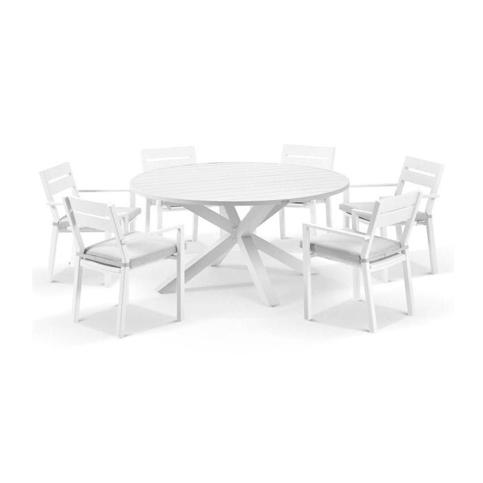 Houston Outdoor 1.5m Round Aluminium Dining Setting White With 6 Santorini Chairs & Olefin Grey Cushions