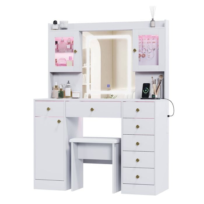 Advwin Dressing Table Set with Glass Desktop LED Light Charging Station 7 Drawers