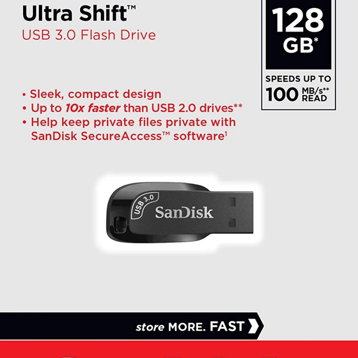 SanDisk USB 3.0 Flash Drive 128GB Ultra Shift PC Mac Memory Stick 100MB/s SDCZ410-128G